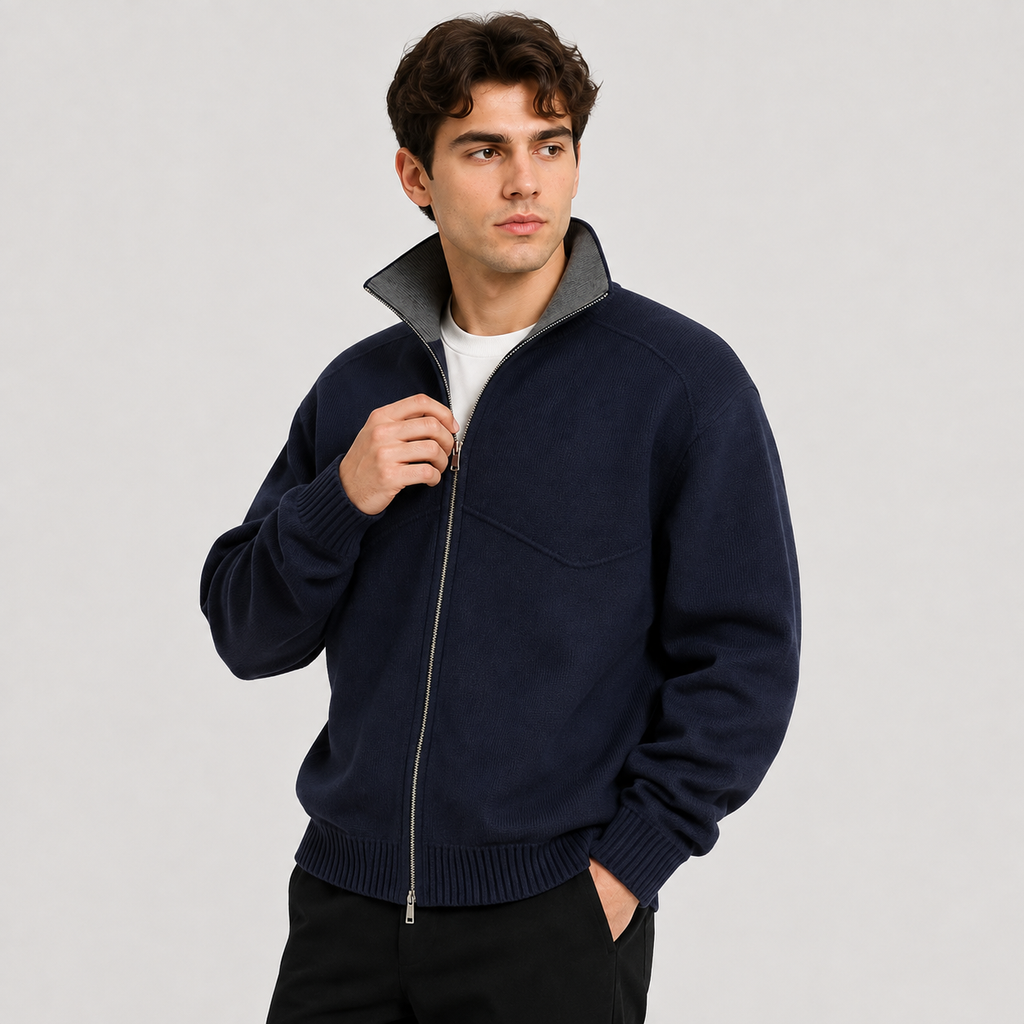 Stand Collar Knit Zip Cardigan