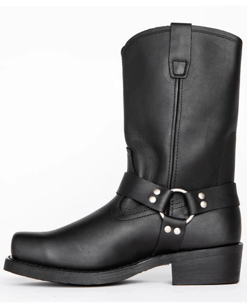 Harness ankle boots in black leather-look finish with metal fittings and a chunky sole
