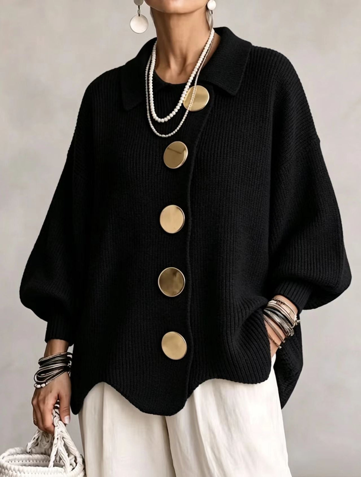 Oversized Cardigan Knit Scalloped Hem