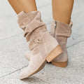 Suede-look slouchy western ankle boots in beige, side view