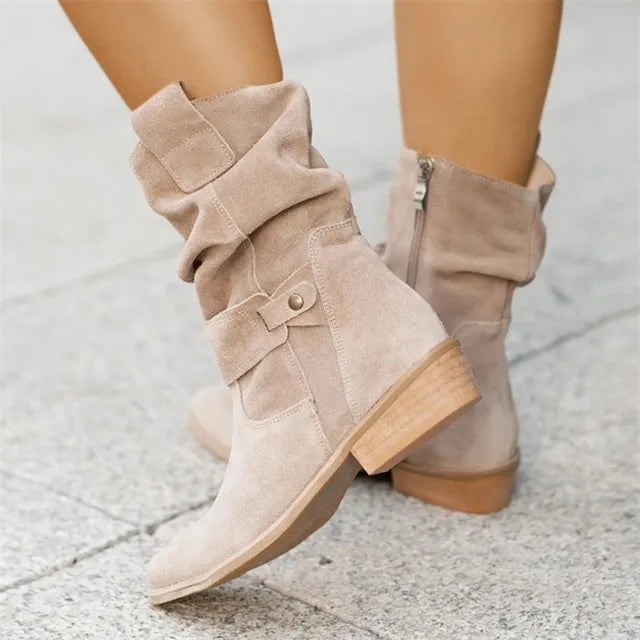 Suede-look slouchy western ankle boots in beige, side view