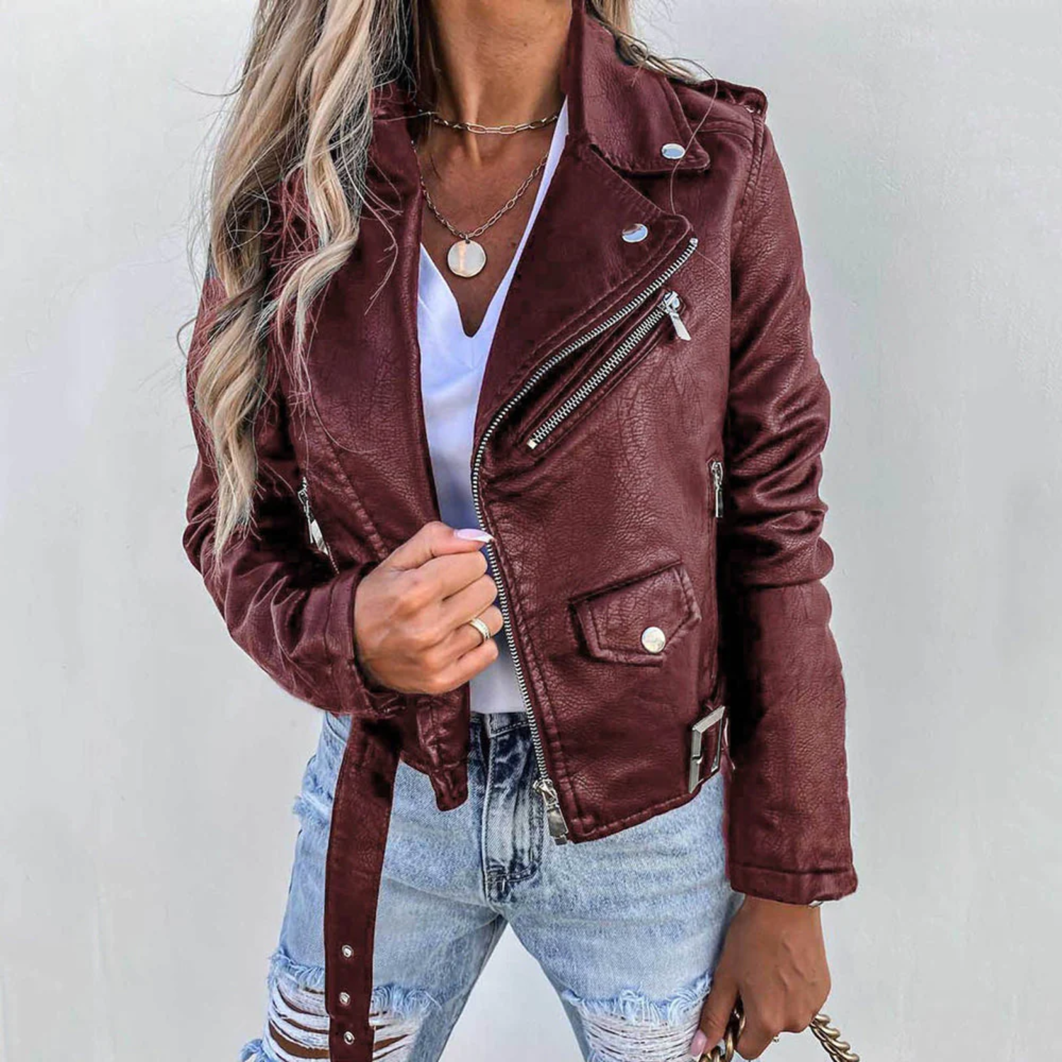 Black Leather Jacket with Stand Collar and Belt – Classic Women's Outerwear 0