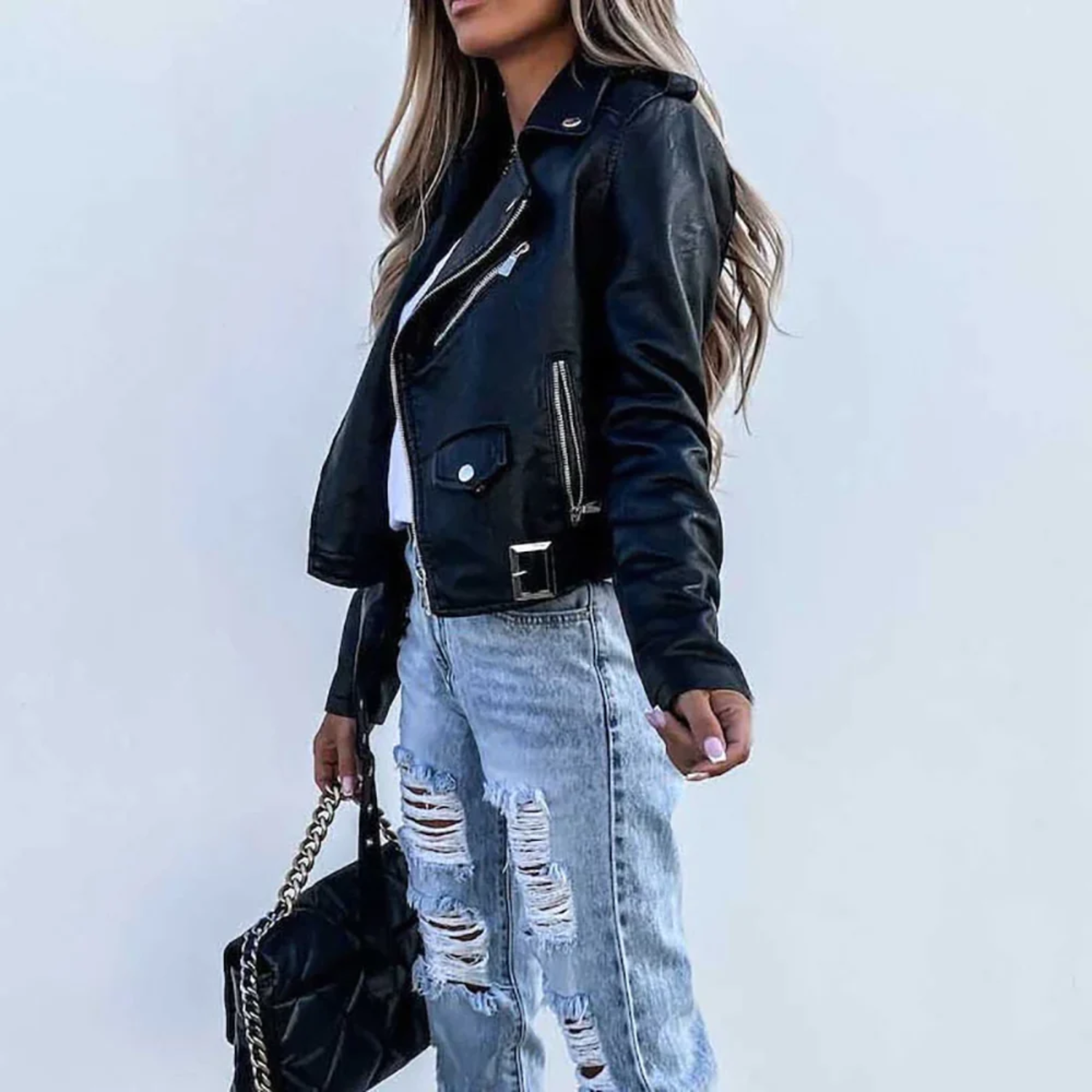 Black Leather Jacket with Stand Collar and Belt – Classic Women's Outerwear 1