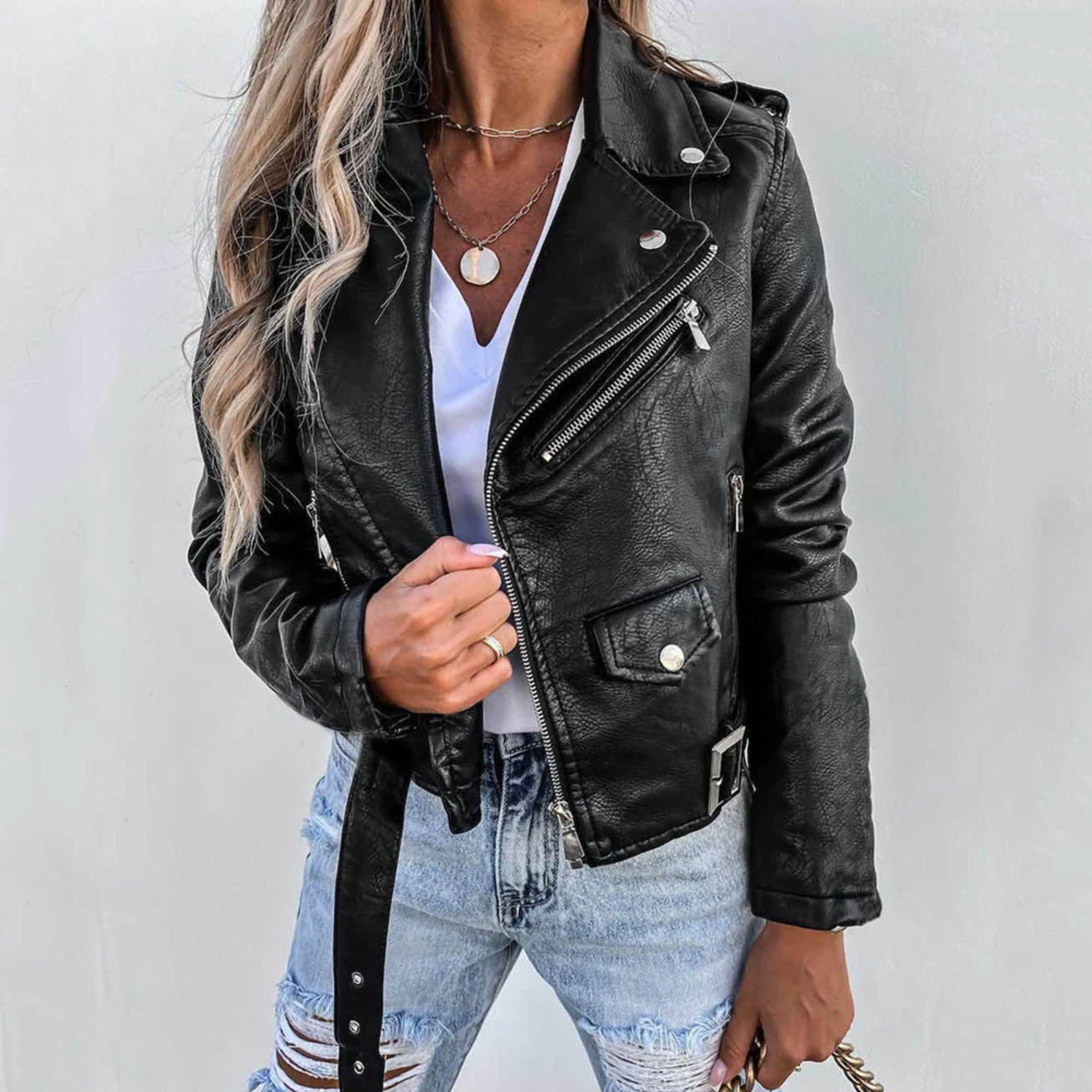 Black Leather Jacket with Stand Collar and Belt – Classic Women's Outerwear 2