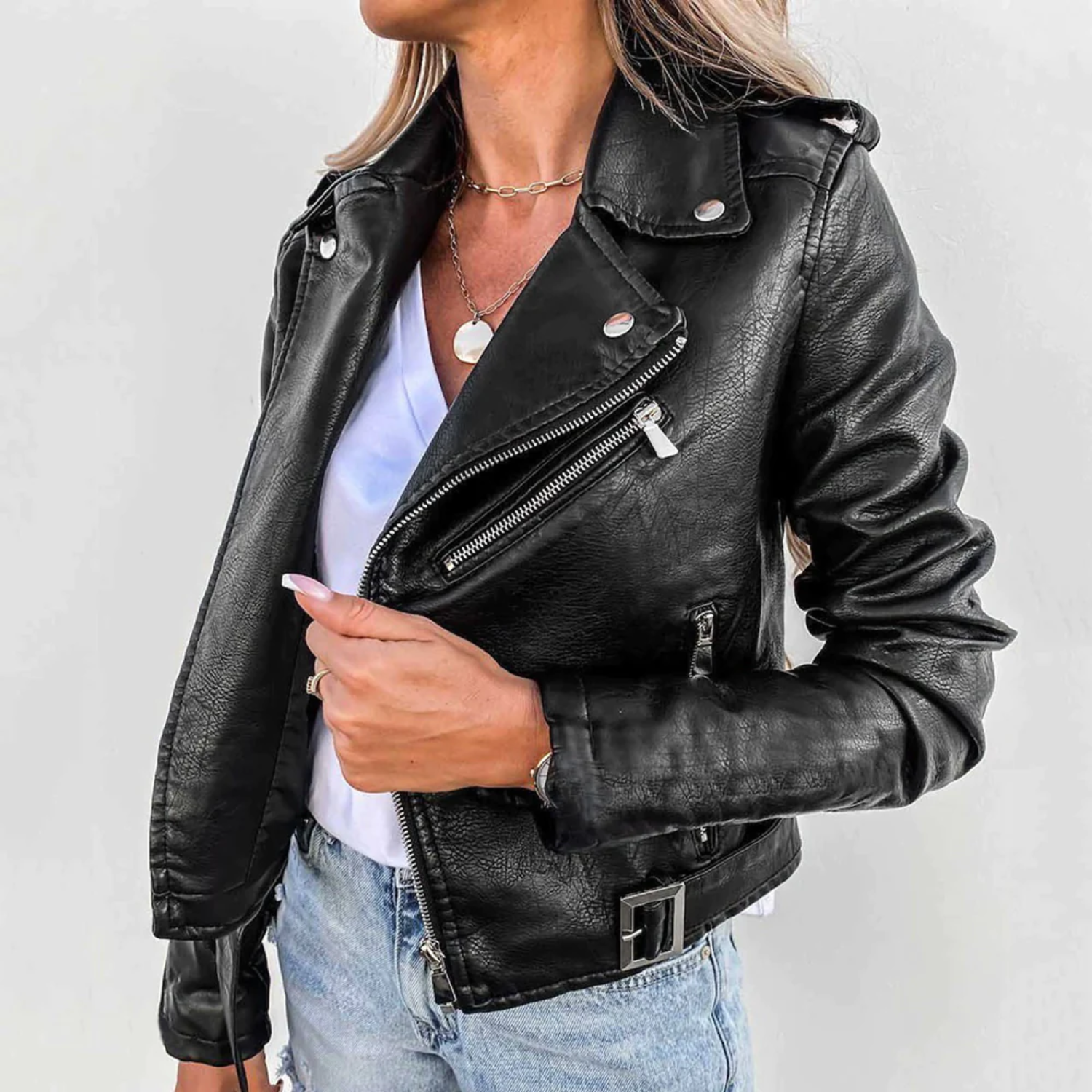 Black Leather Jacket with Stand Collar and Belt – Classic Women's Outerwear 3