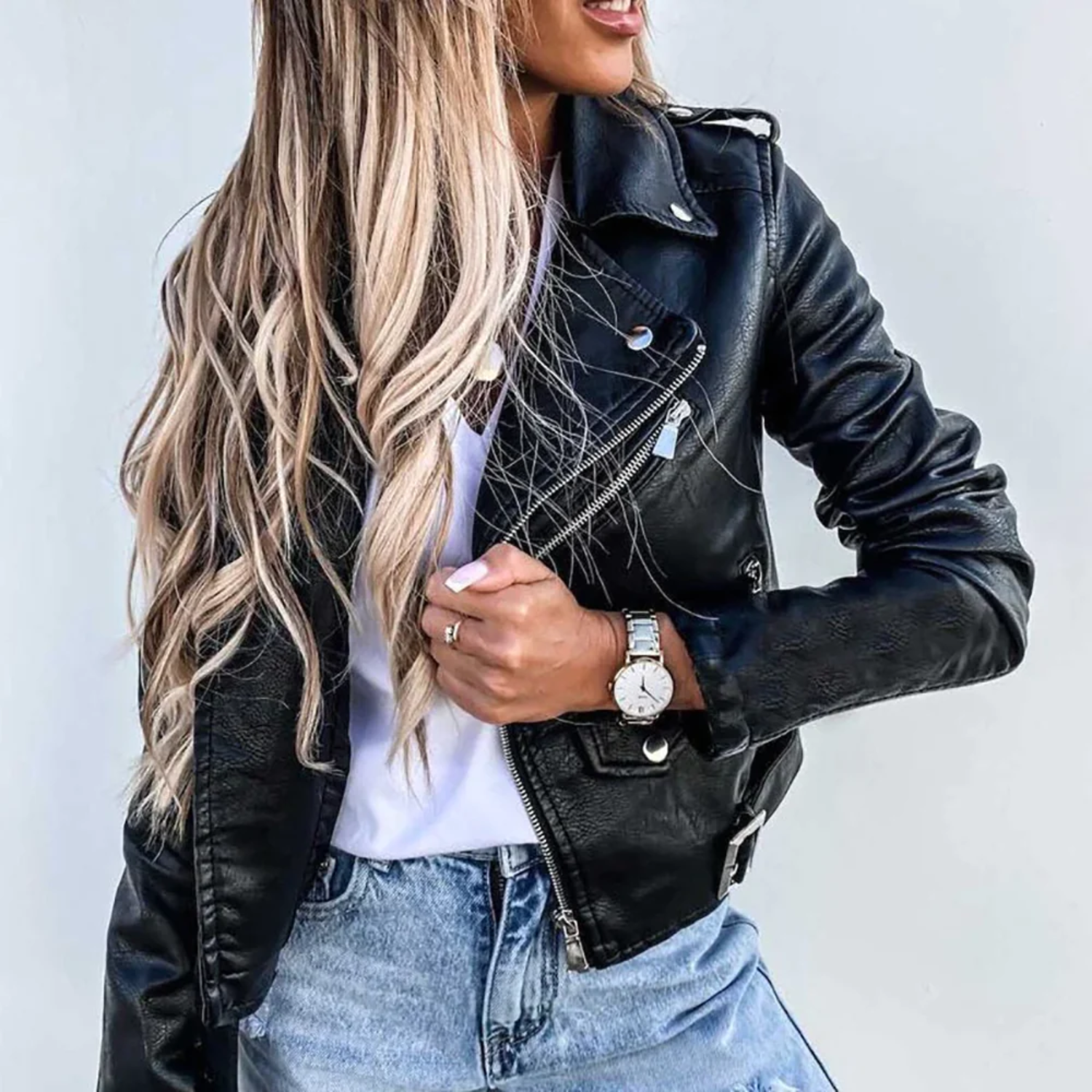Black Leather Jacket with Stand Collar and Belt – Classic Women's Outerwear 4