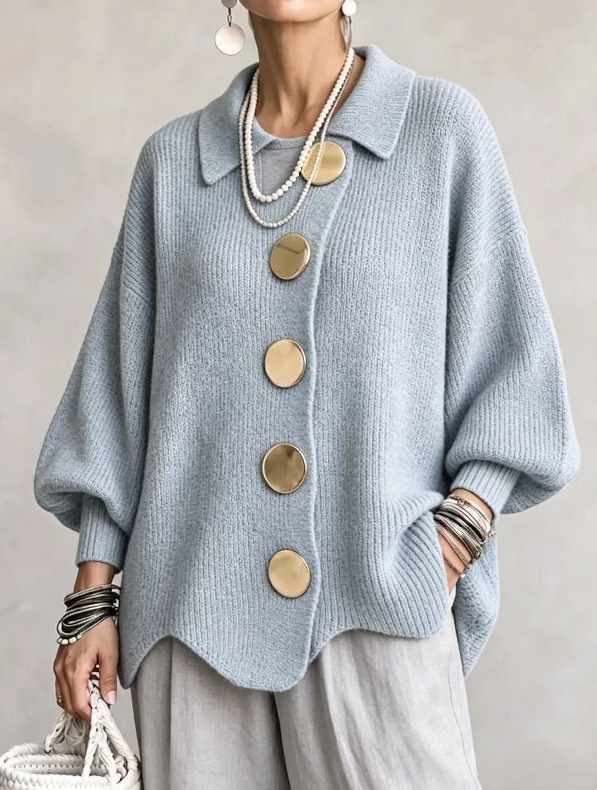 Oversized Cardigan Knit Scalloped Hem