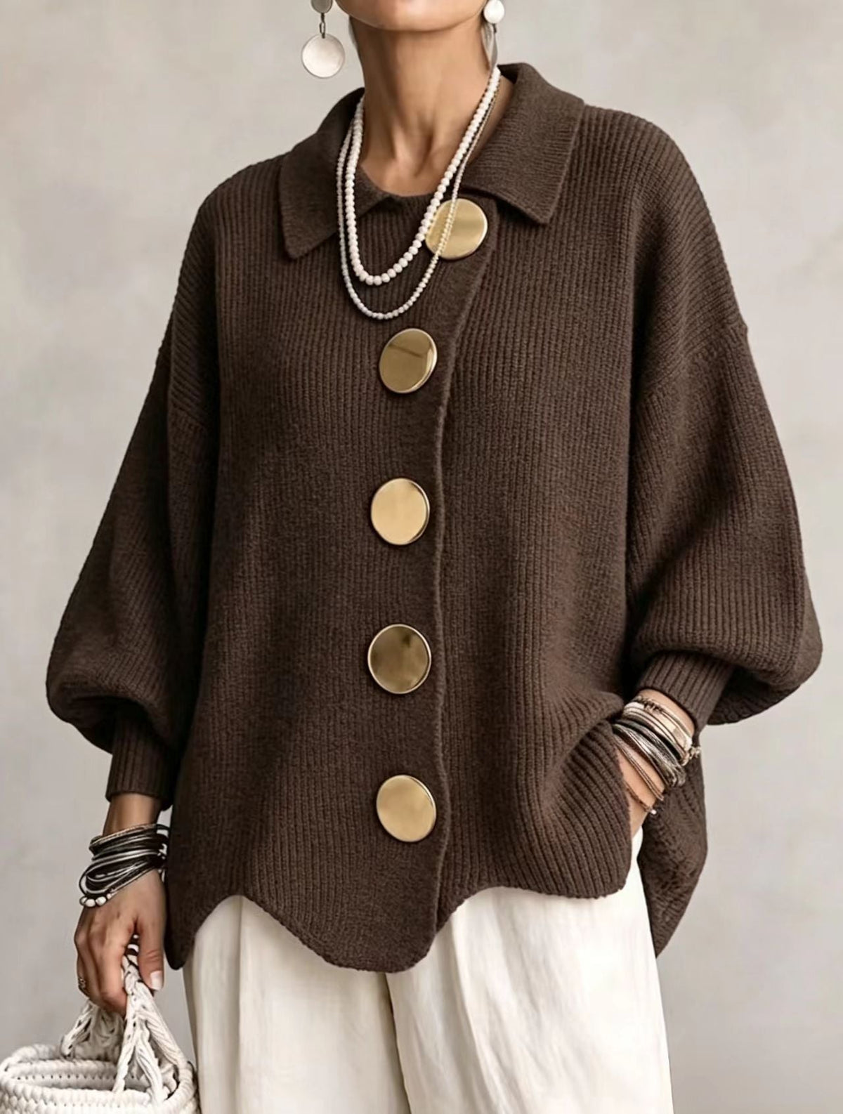 Oversized Cardigan Knit Scalloped Hem