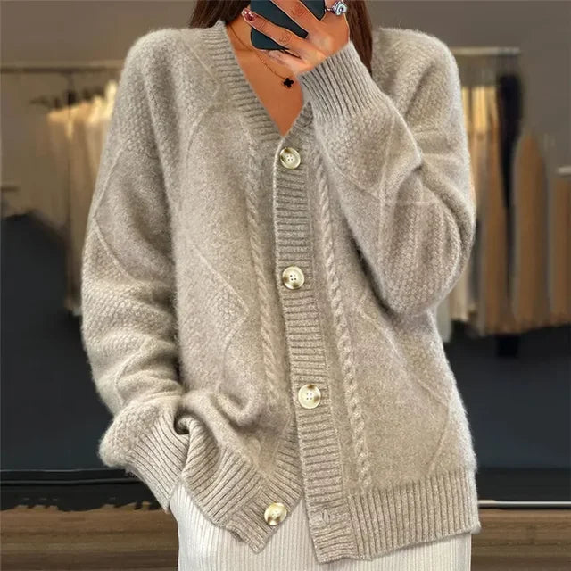 Soft-knit button-up long-sleeve cardigan in beige, front view