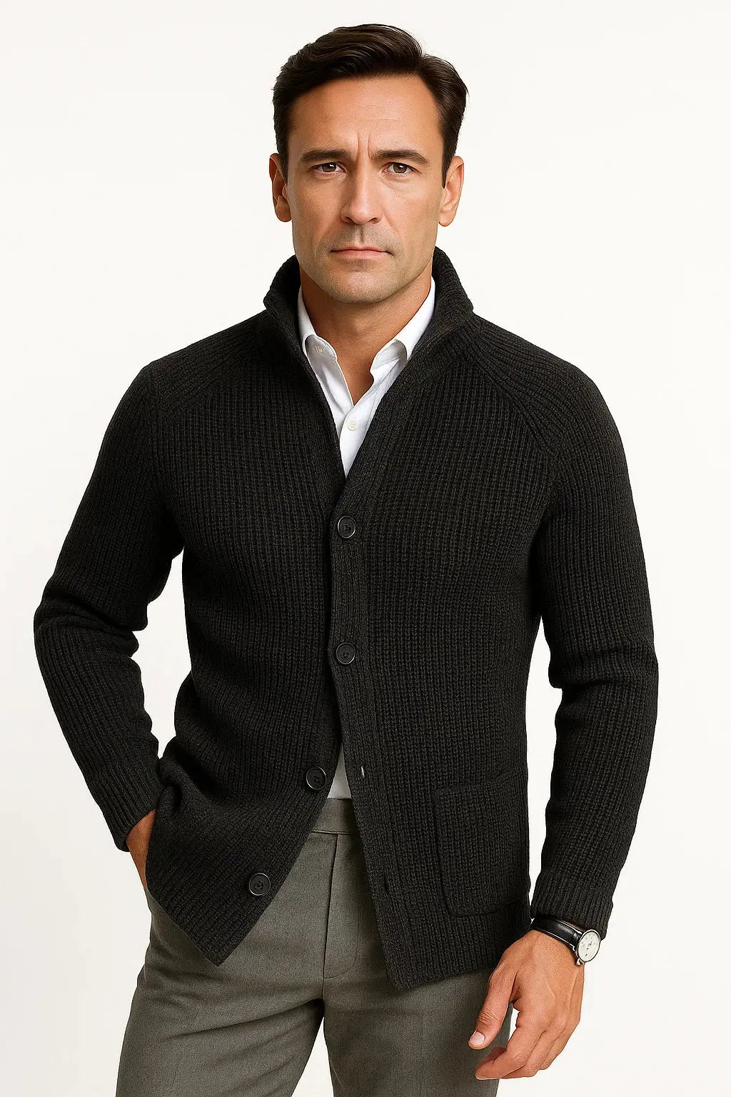 Textured knit shawl collar cardigan in black, front view