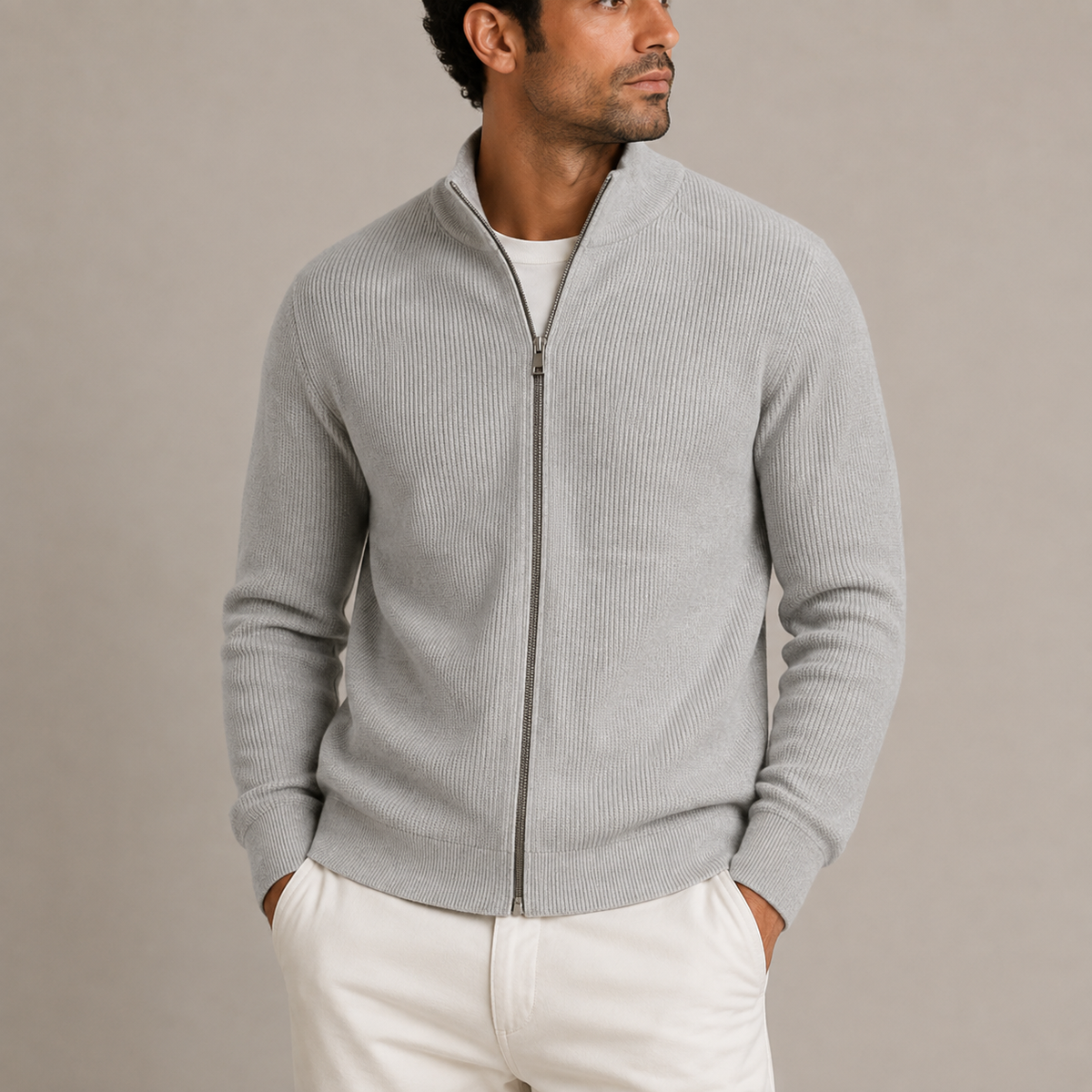 Ribbed Knit Zip Cardigan - Stand Collar