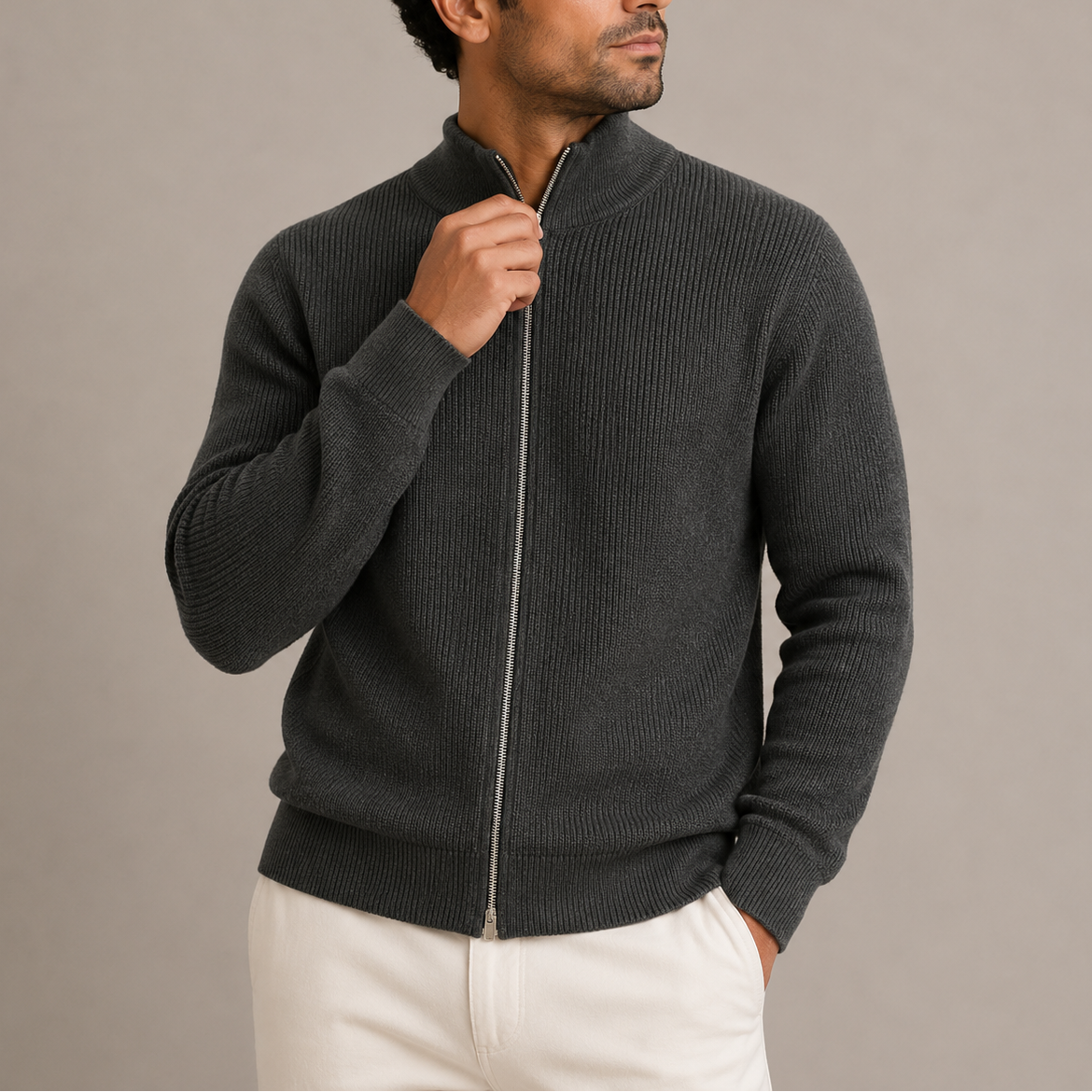 Ribbed Knit Zip Cardigan - Stand Collar
