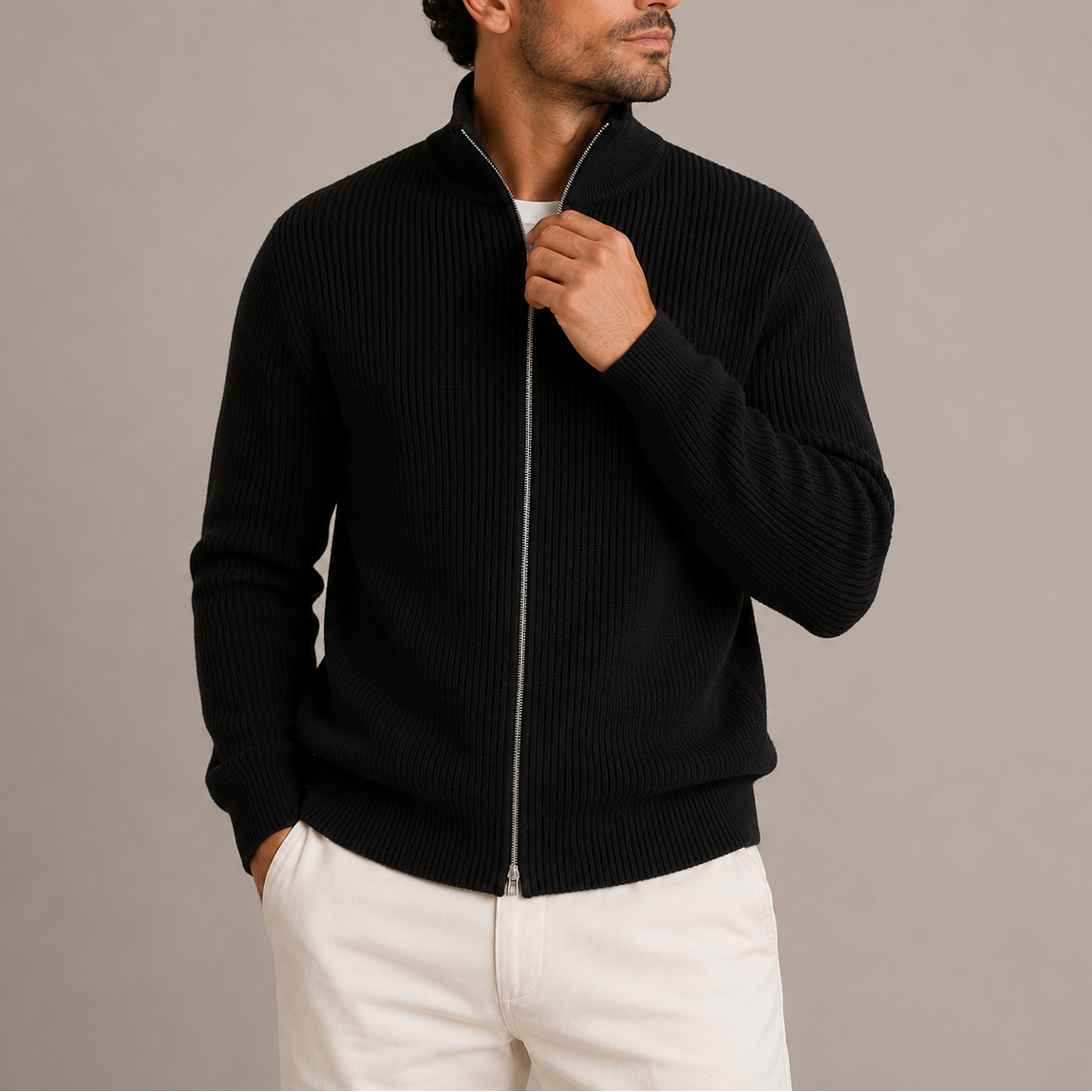 Ribbed Knit Zip Cardigan - Stand Collar