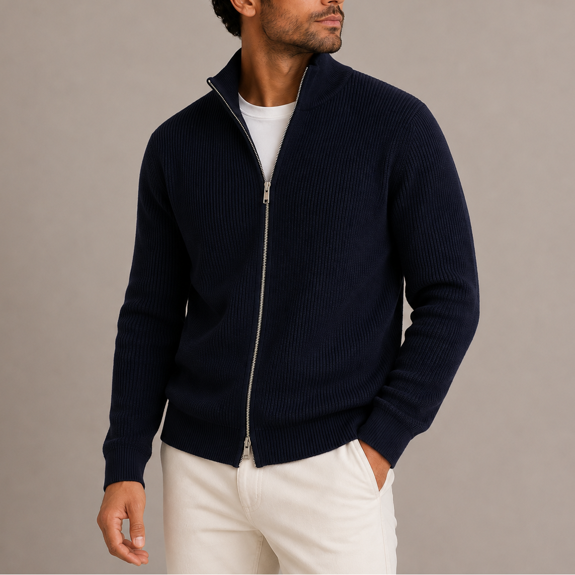 Ribbed Knit Zip Cardigan - Stand Collar
