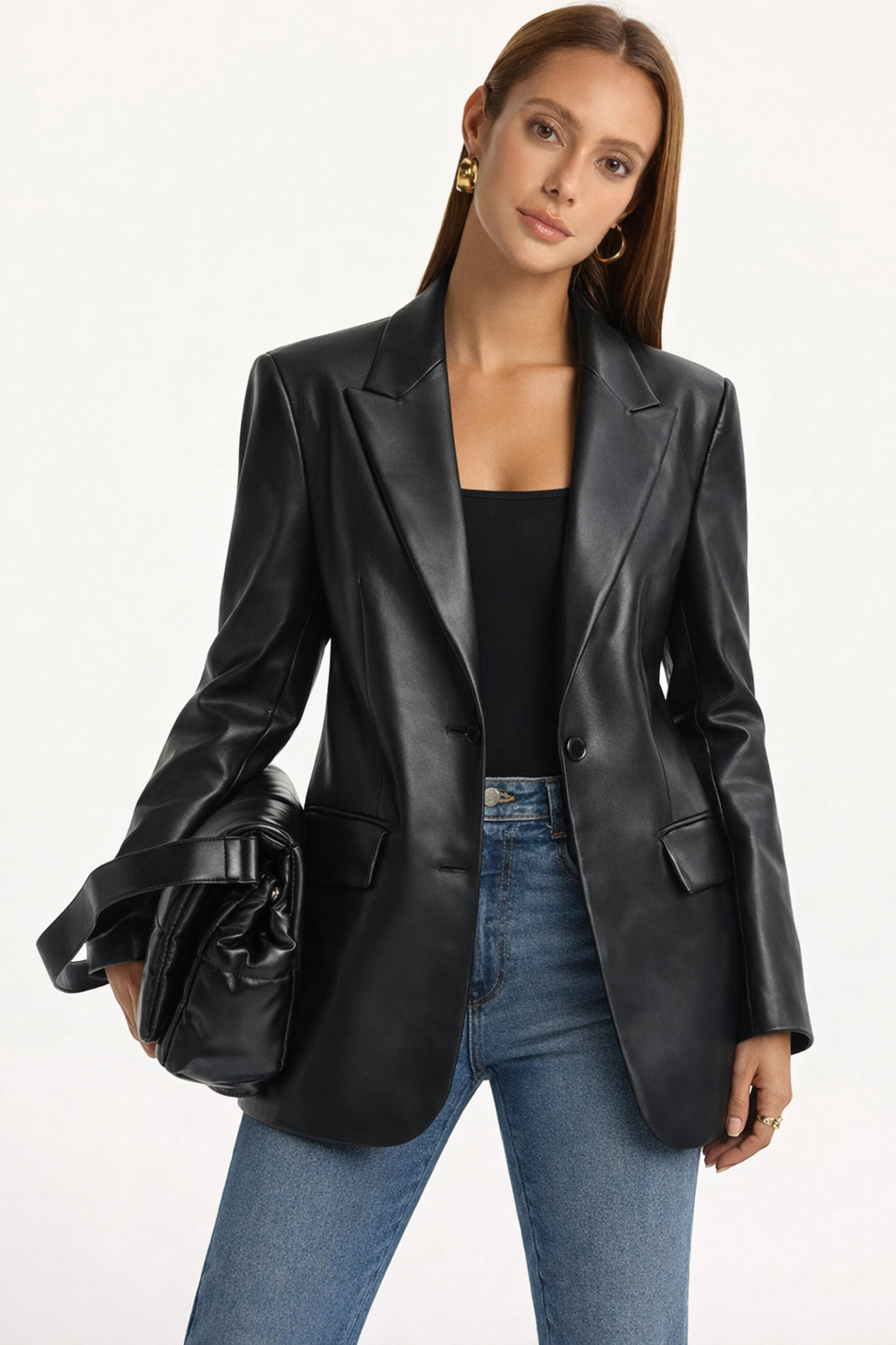 Tailored leather-look blazer in black, front view