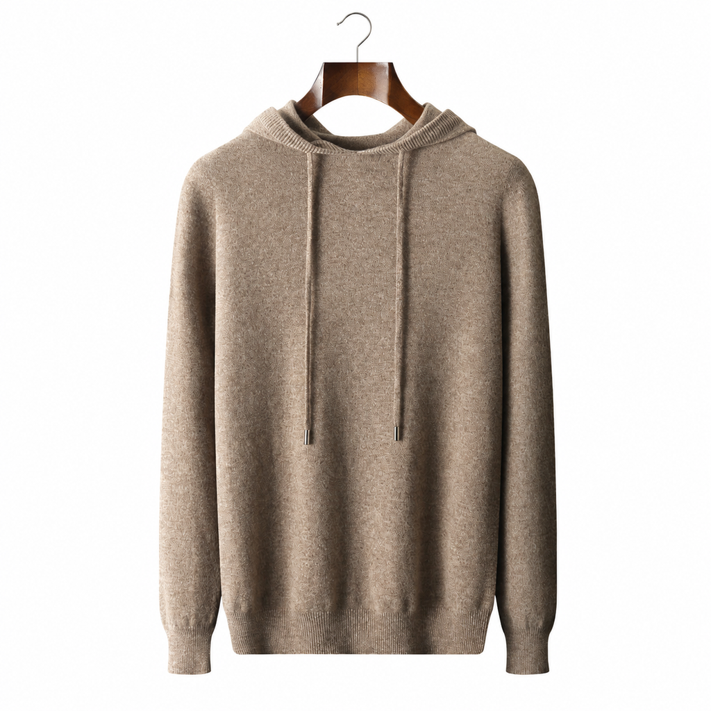 Hooded soft knit jumper in camel, front view