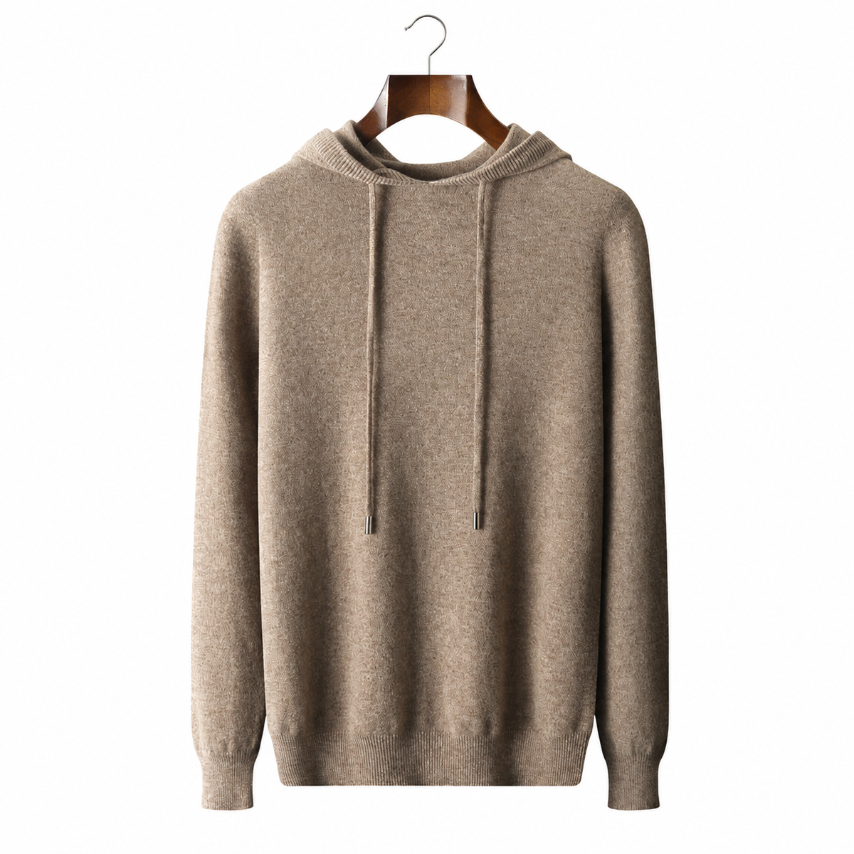 Hooded soft knit jumper in camel, front view