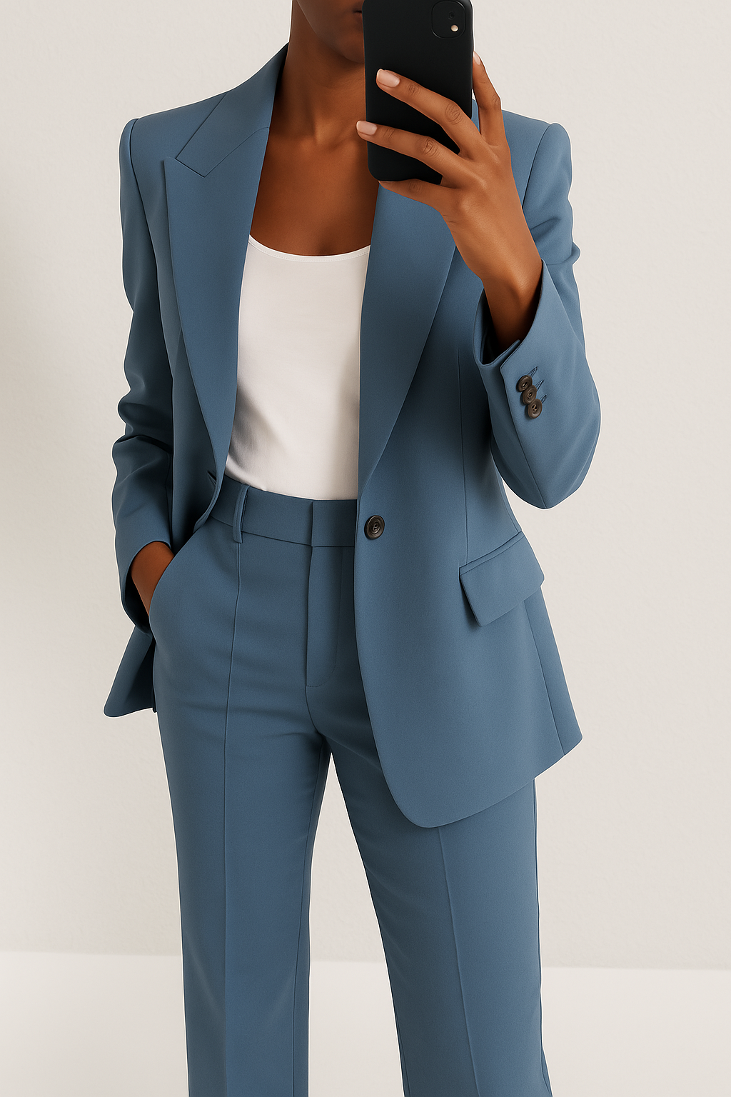 Tailored two-piece suit set with matching blazer and trousers, shown coordinated