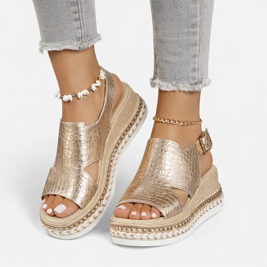 ComfortStep - Espadrille Wedge Sandals with Supportive Footbed and Metallic Croc-Effect 1