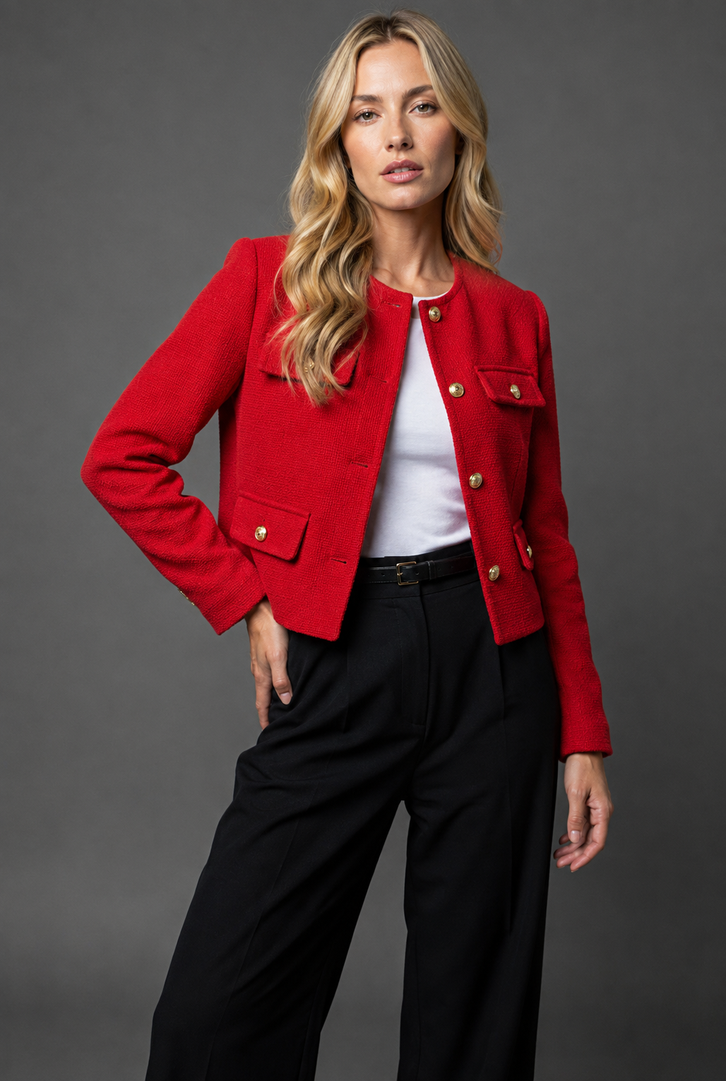 Cropped Tweed-Look Blazer Gold Buttons