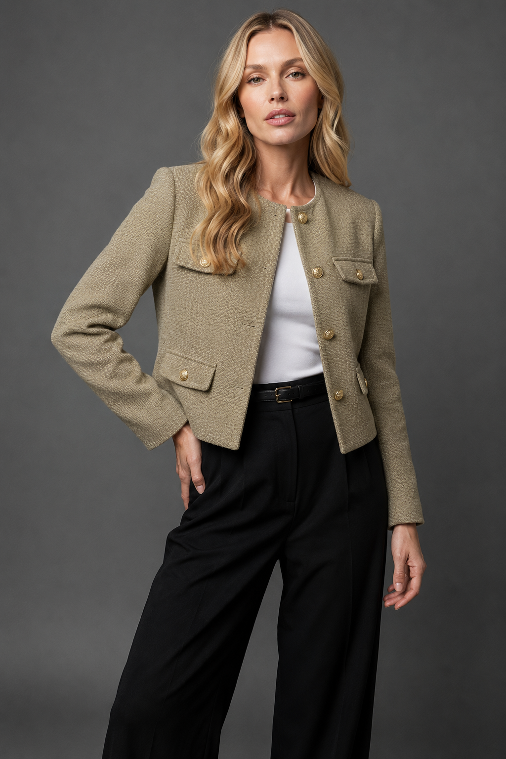 Cropped Tweed-Look Blazer Gold Buttons
