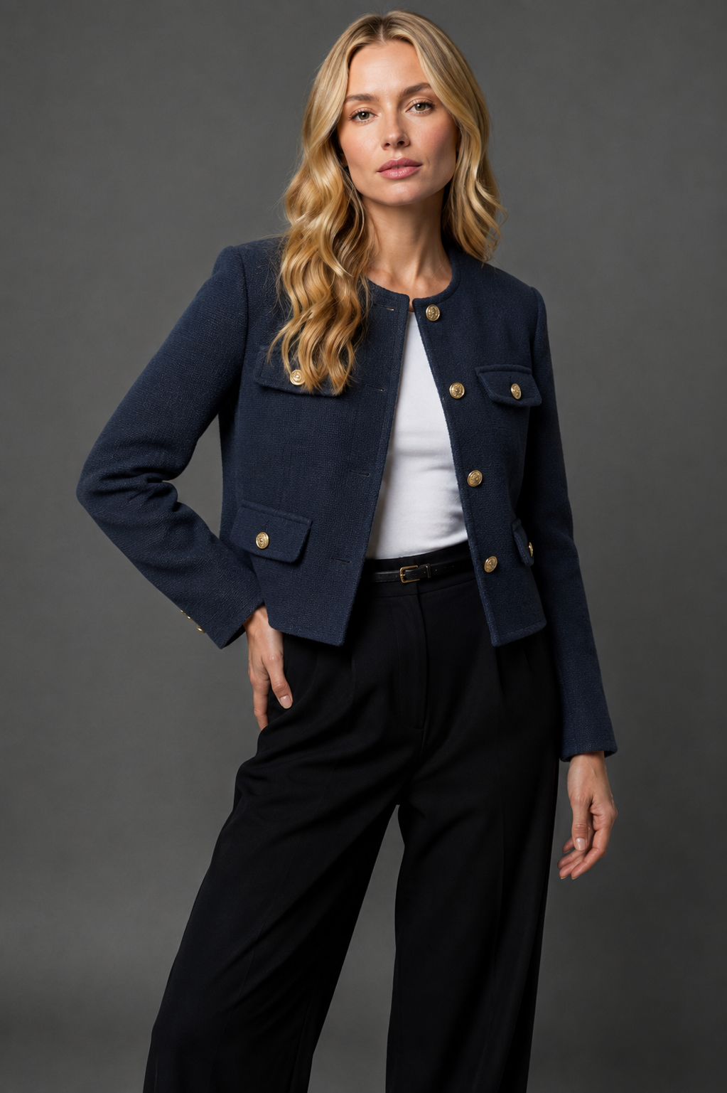 Cropped Tweed-Look Blazer Gold Buttons