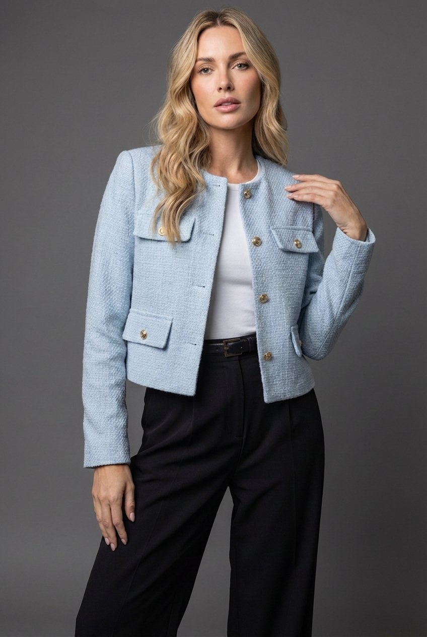 Cropped Tweed-Look Blazer Gold Buttons in light blue, front view