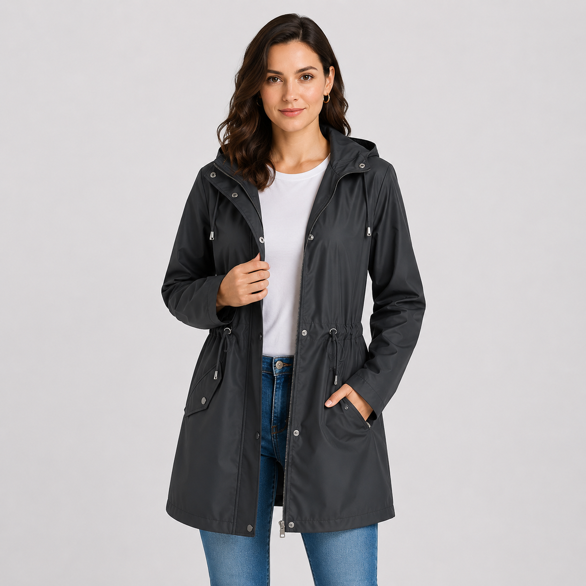 Lightweight Hooded Jacket Cinched Waist