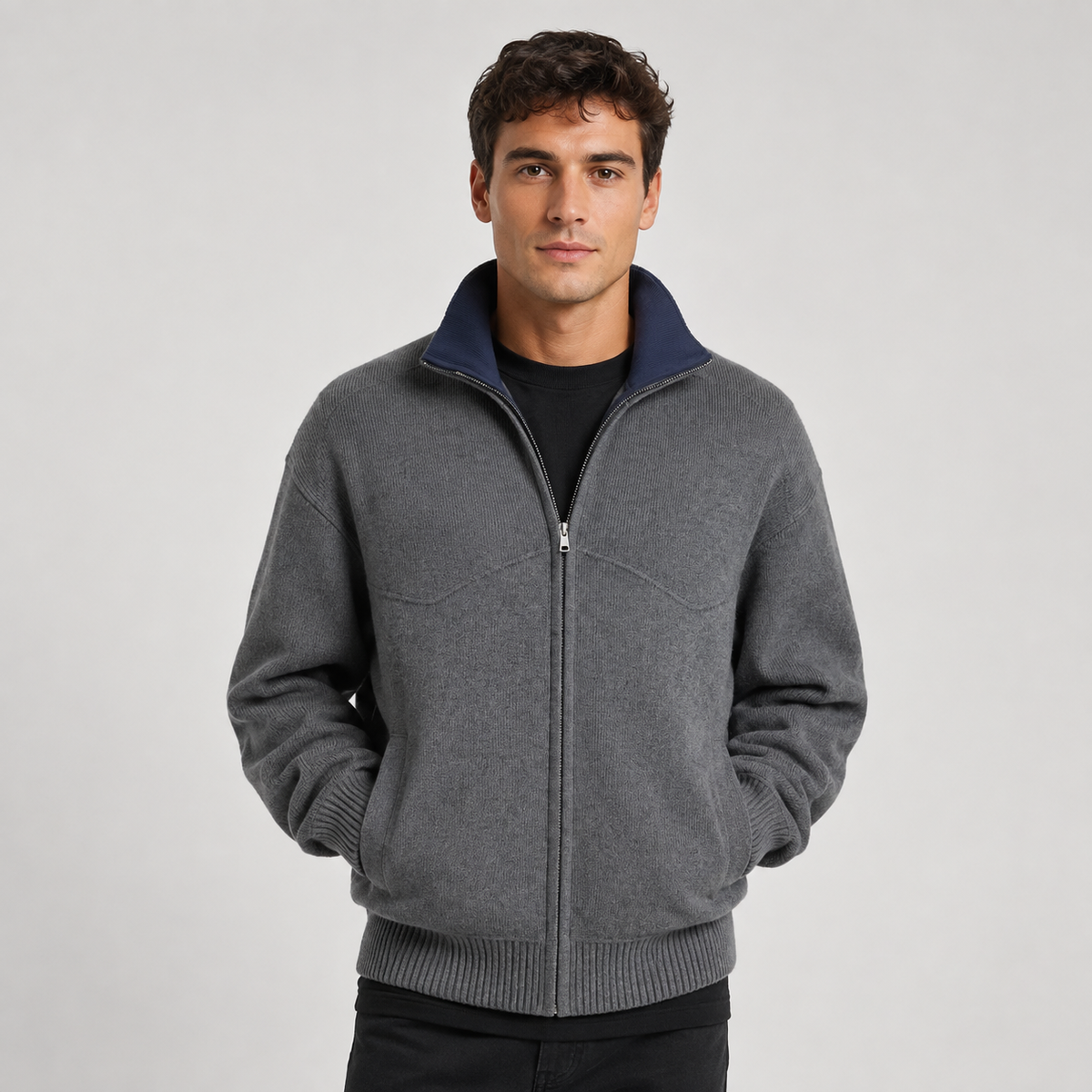 Stand Collar Knit Zip Cardigan