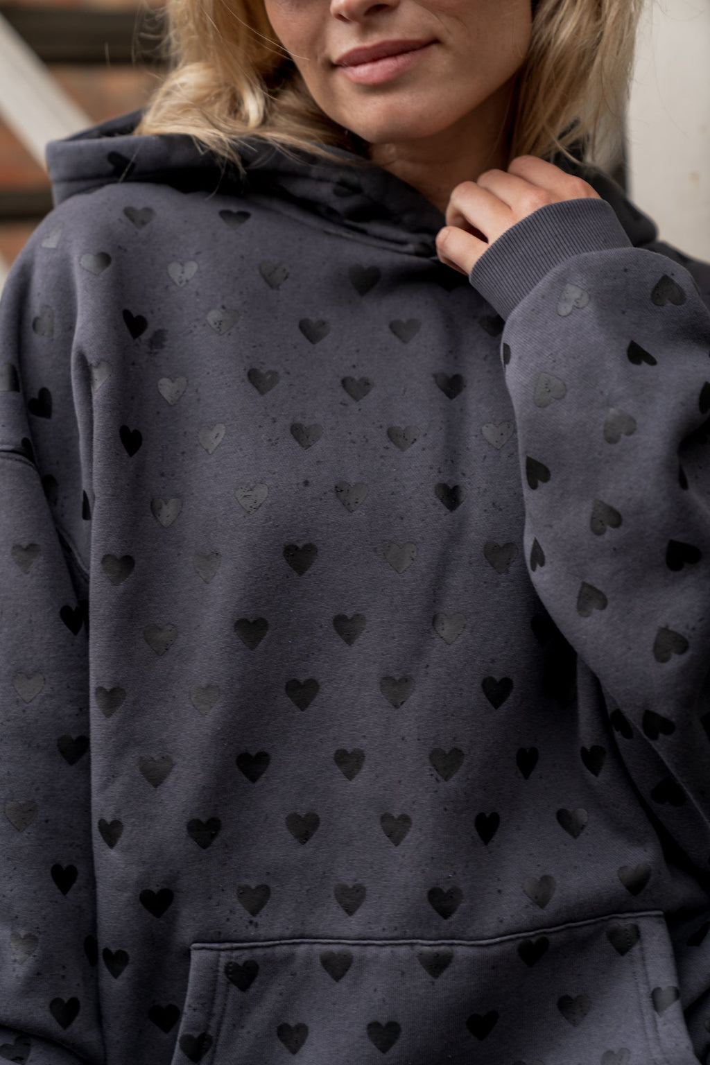 Hoodie Fleece Lined Heart Print Cotton