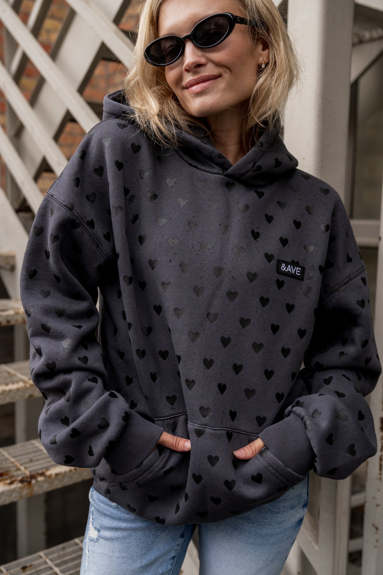 Hoodie Fleece Lined Heart Print Cotton
