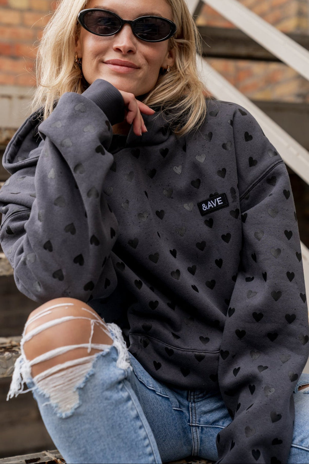 Fleece lined heart print hoodie, front view
