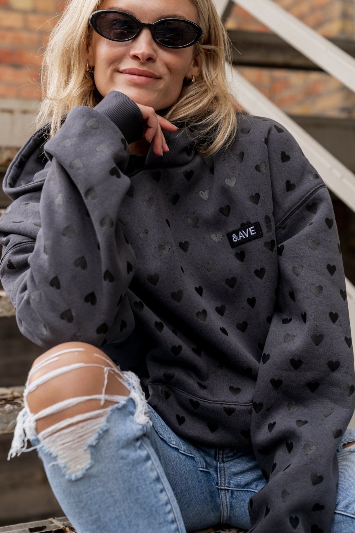 Fleece lined heart print hoodie, front view