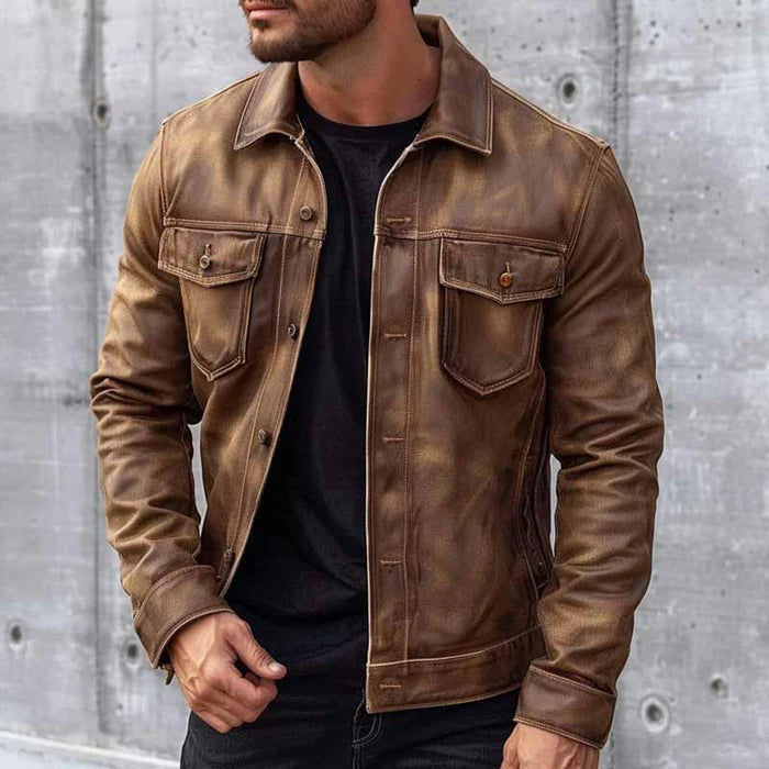Vintage leather-look jacket with single button in brown, front view