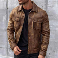 Vintage leather-look jacket with single button in brown, front view