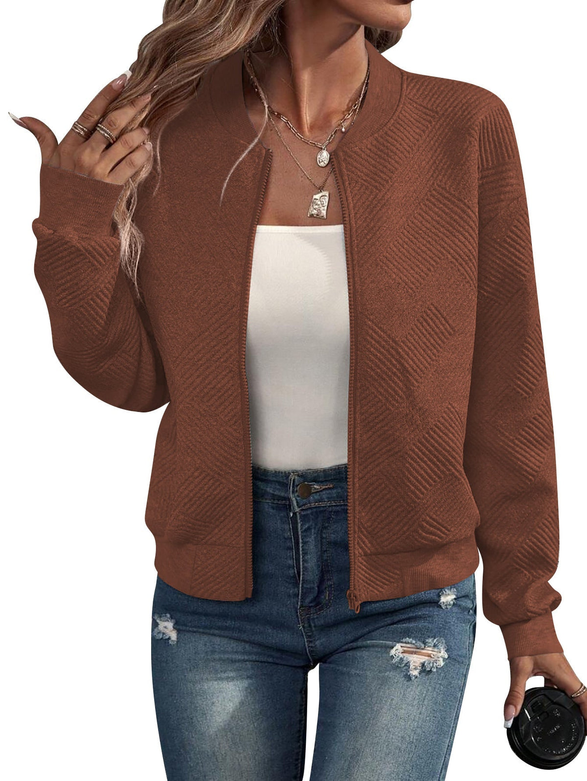 Bomber Jacket Lightweight Geometric Pattern Casual