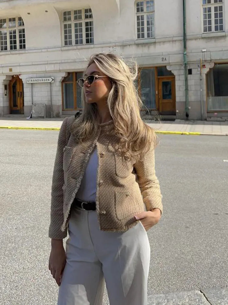 Cropped Tweed Blazer – Button-Front Tailored Jacket