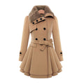 Flared winter coat with faux fur collar in khaki, front view