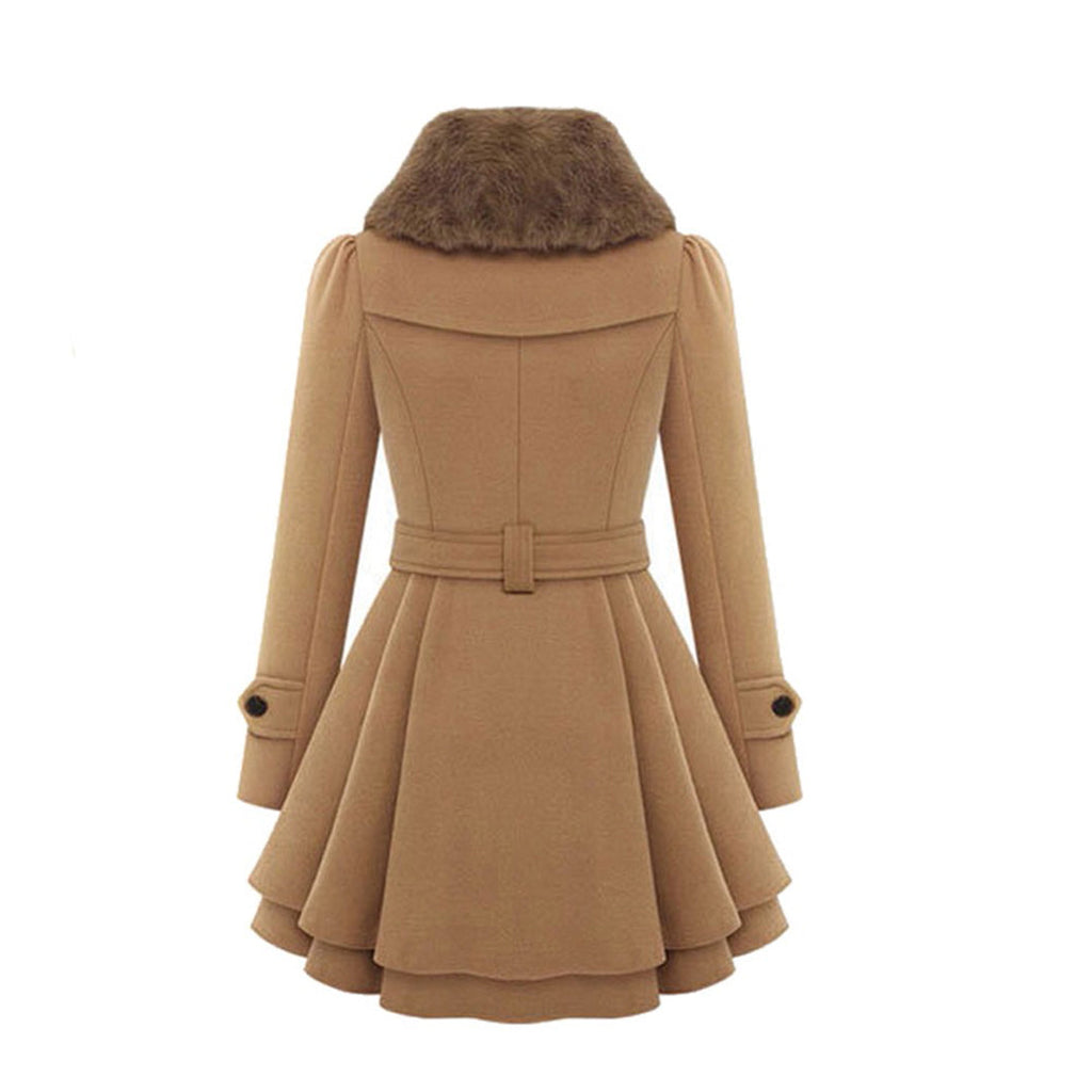 Flared winter coat in khaki, back view