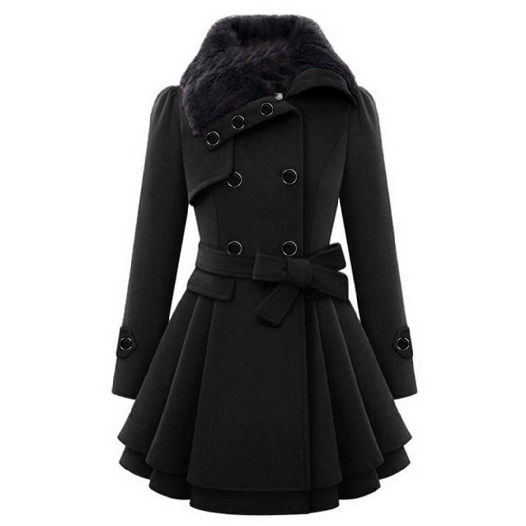 Flared winter coat in black, side view