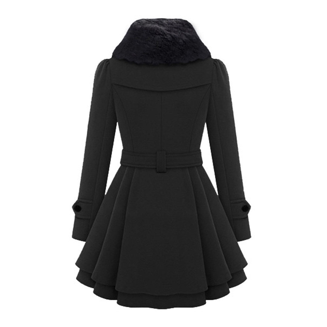 Flared winter coat in black, back view