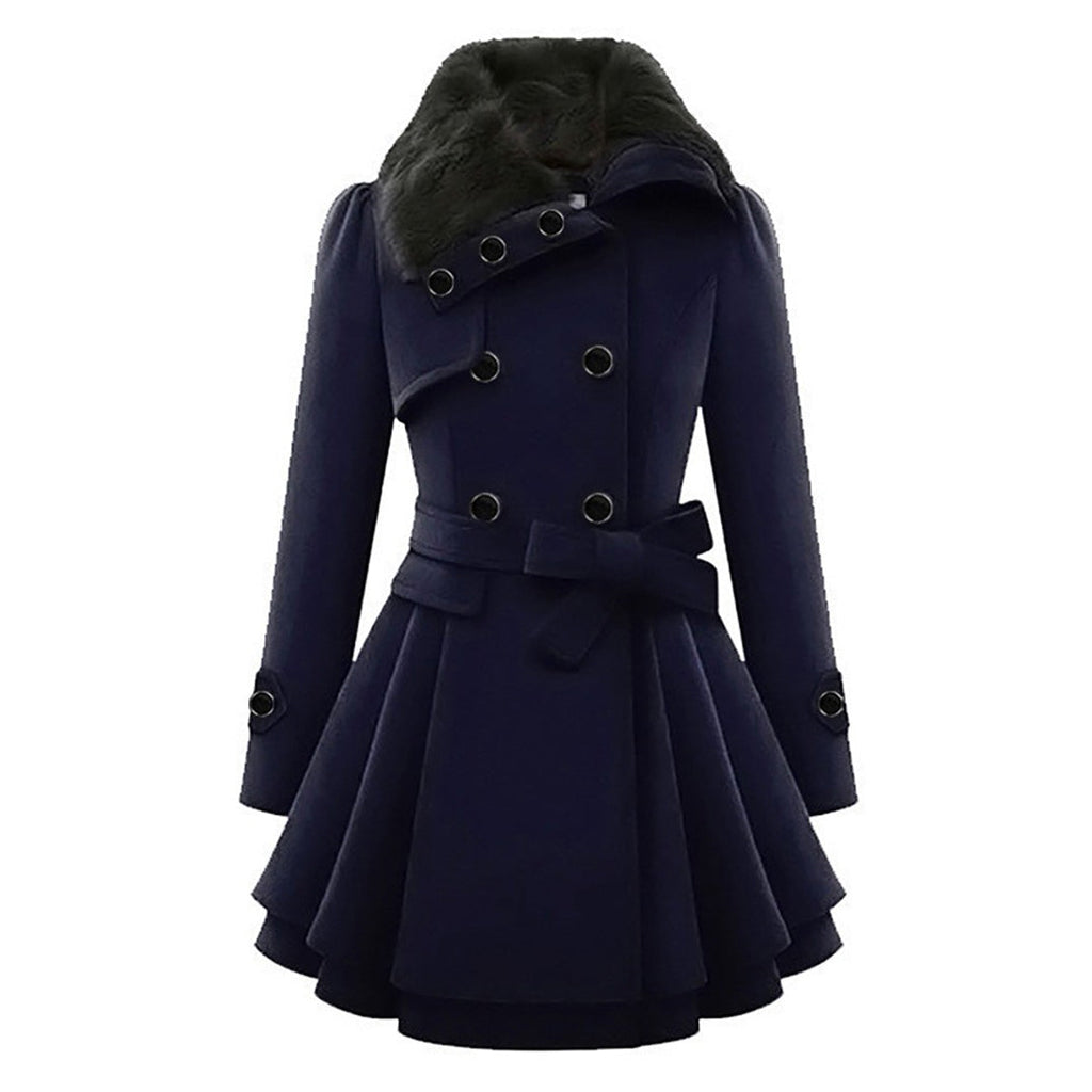 Flared winter coat in blue, side view