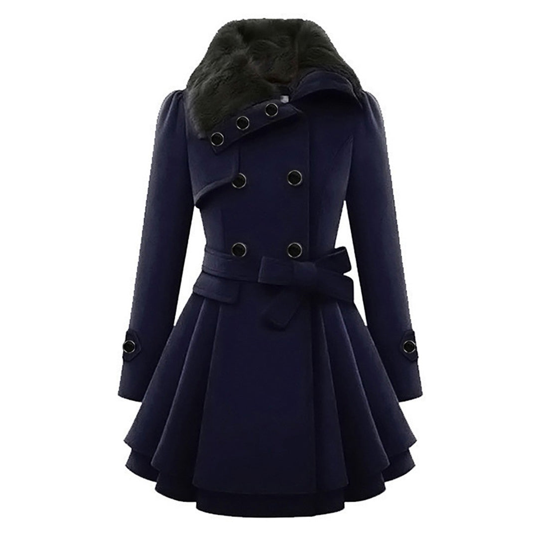 Flared winter coat in blue, side view