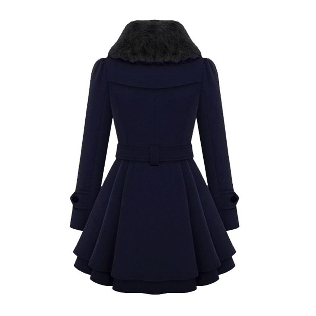 Flared winter coat in blue, back view