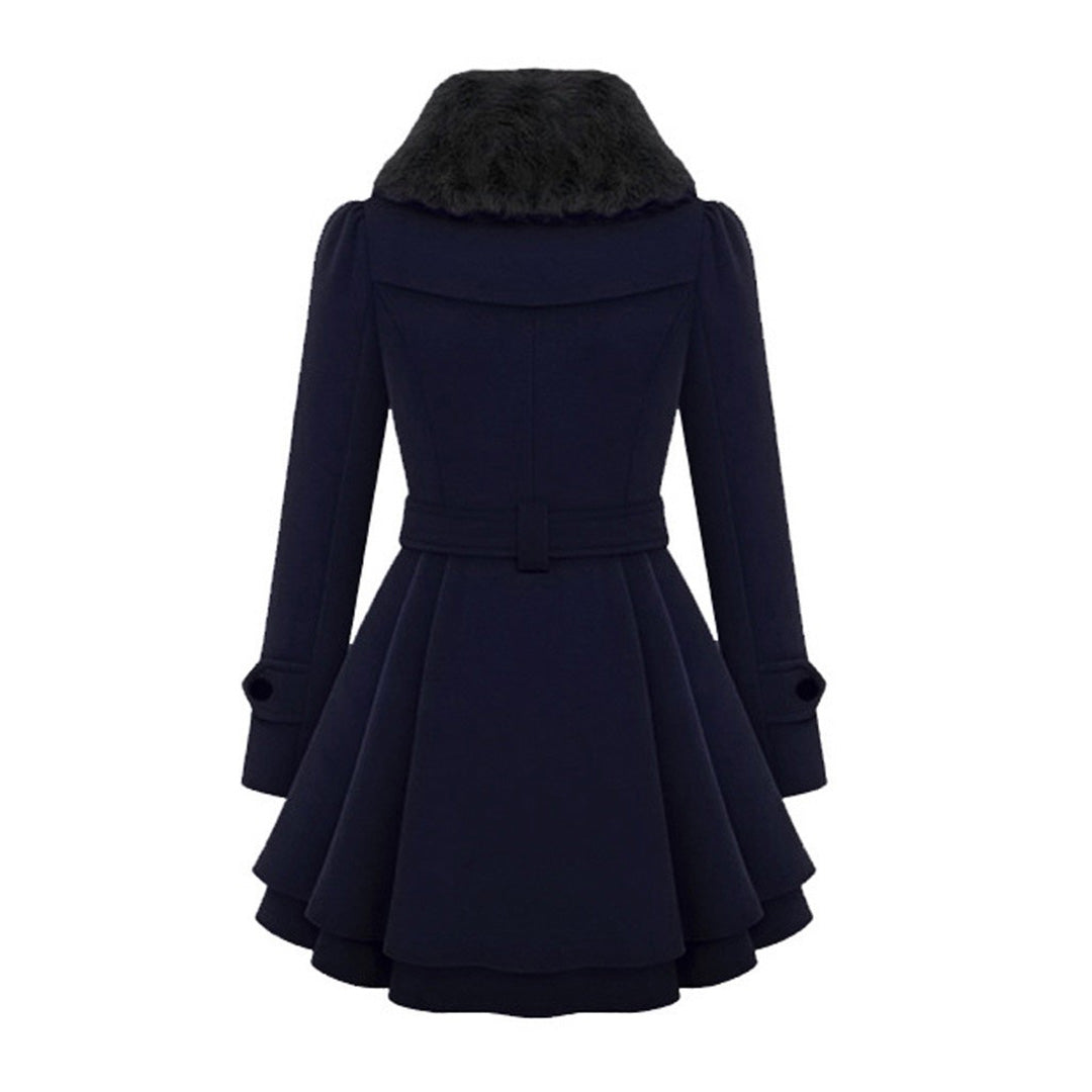 Flared winter coat in blue, back view