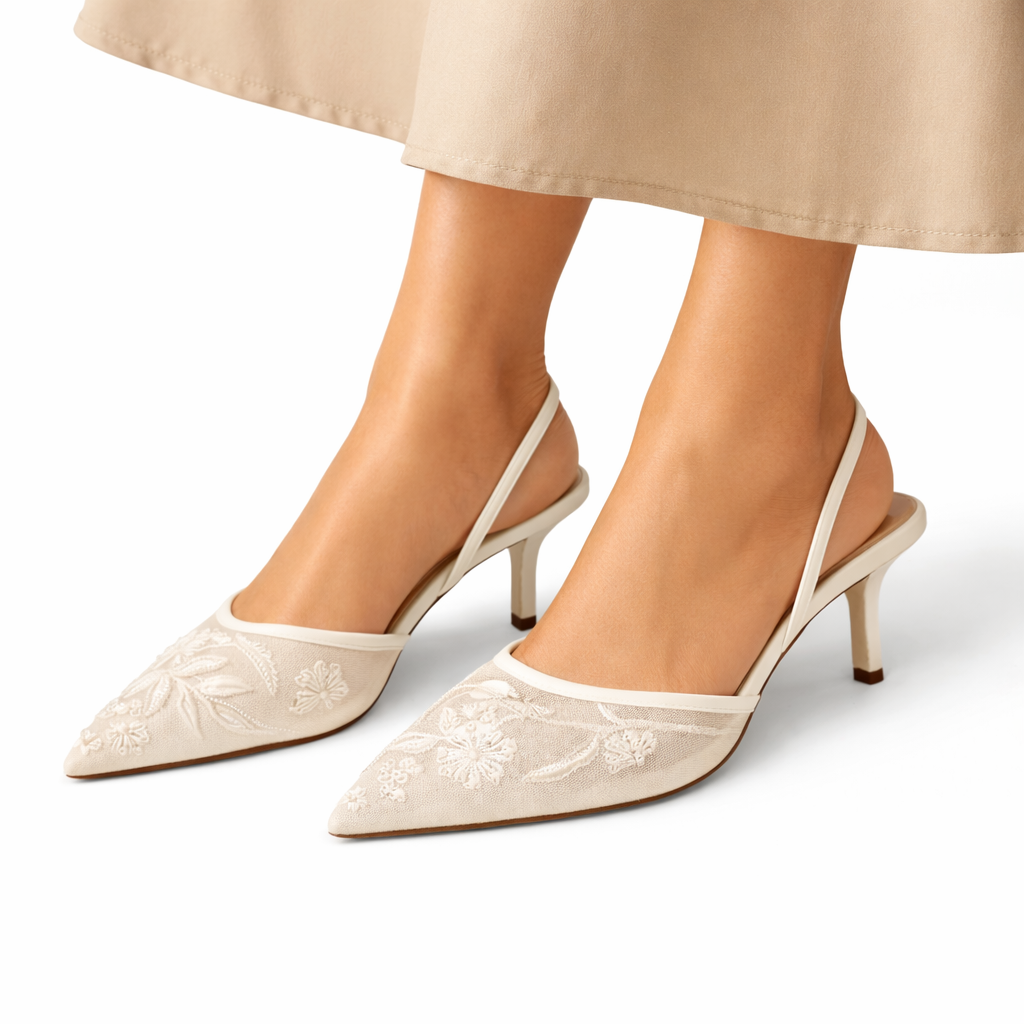 Embroidered Mesh Mule Heels with Floral Detail, Pointed Toe & Slim Heel 0