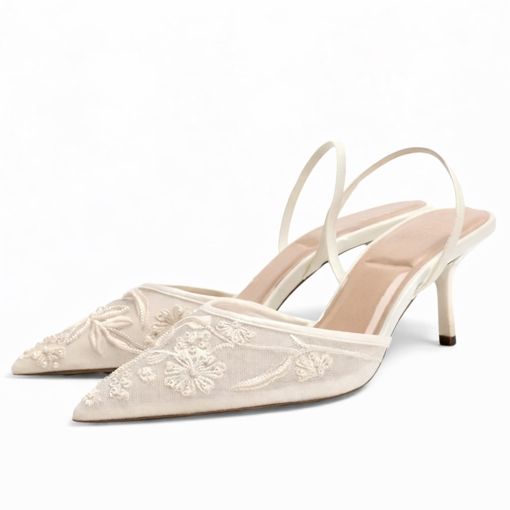 Embroidered Mesh Mule Heels with Floral Detail, Pointed Toe & Slim Heel 1