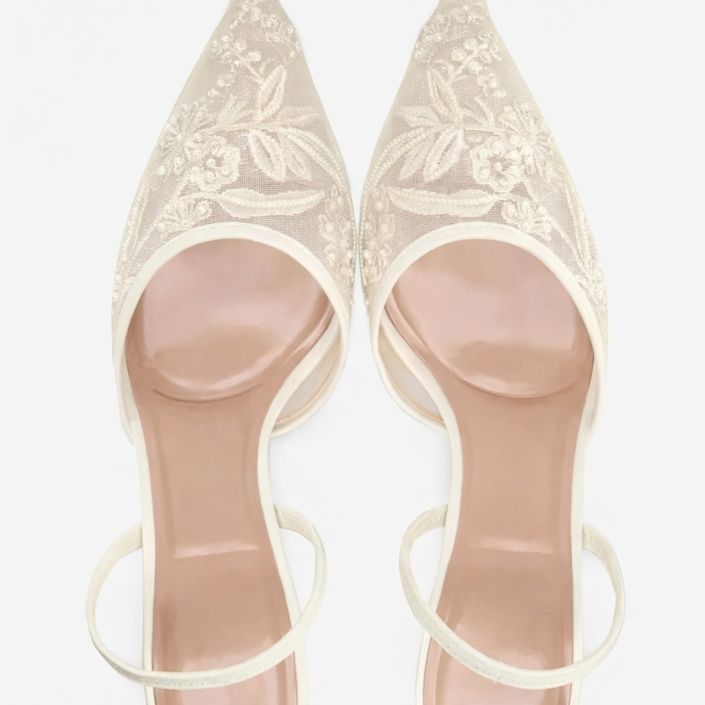 Embroidered Mesh Mule Heels with Floral Detail, Pointed Toe & Slim Heel 2