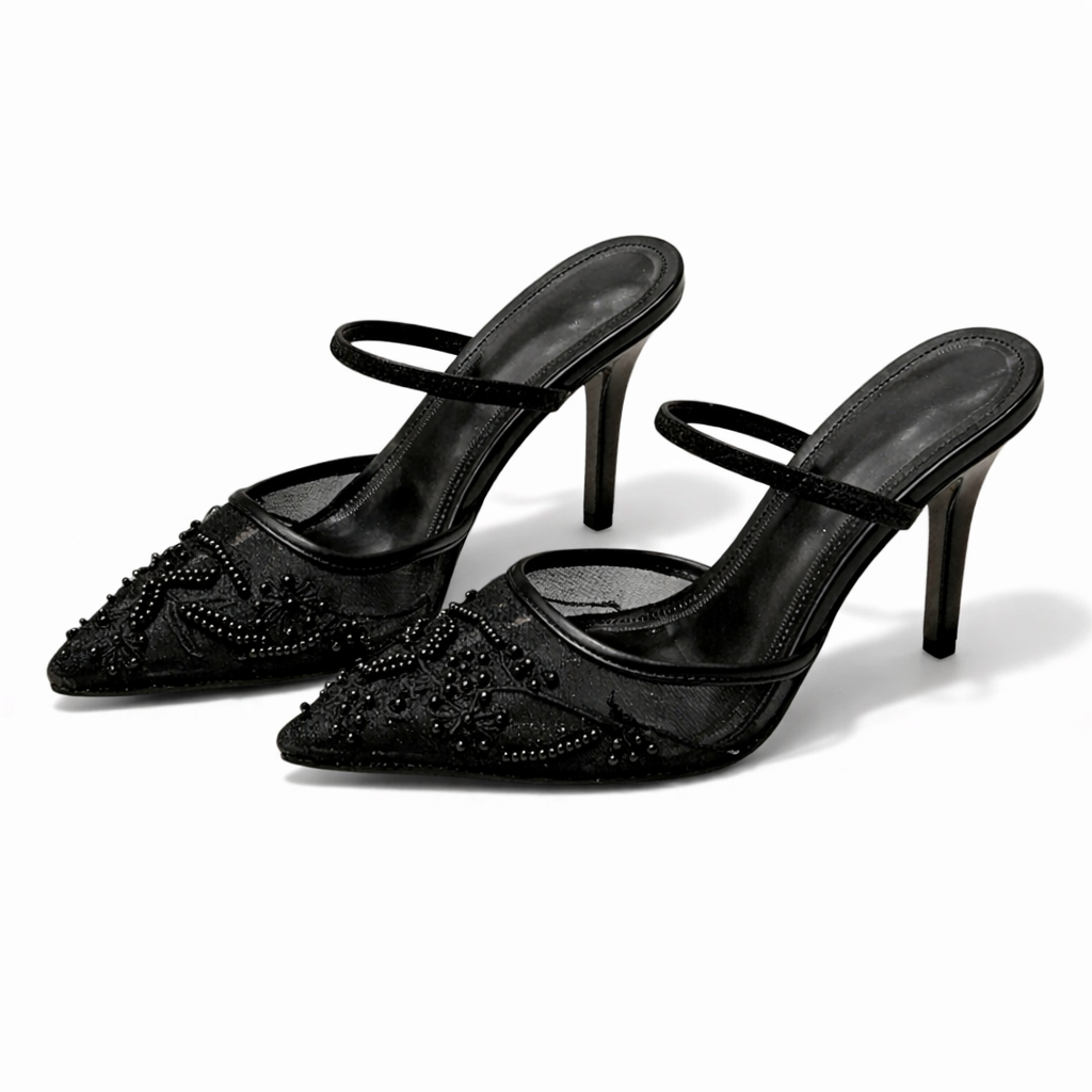 Embroidered Mesh Mule Heels with Floral Detail, Pointed Toe & Slim Heel 4