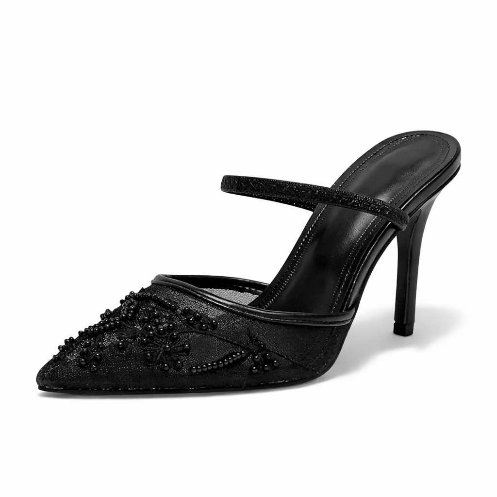 Embroidered Mesh Mule Heels with Floral Detail, Pointed Toe & Slim Heel 5